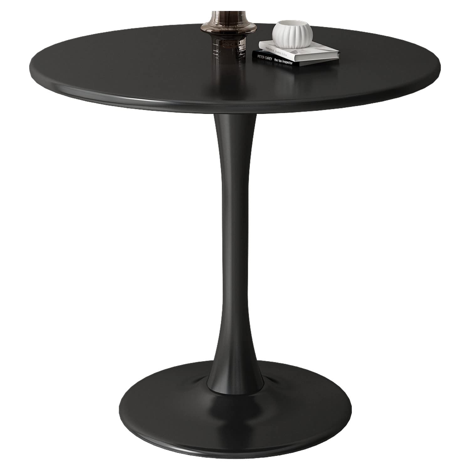 Kasinali Round Dining Table 31.5" Circle Tulip Table with Wood Thickened Tabletop & Sturdy Metal Pedestal Mid Century Modern Leisure Bistro Kitchen Tables 4 People Small Places Living Room Cafe,Black