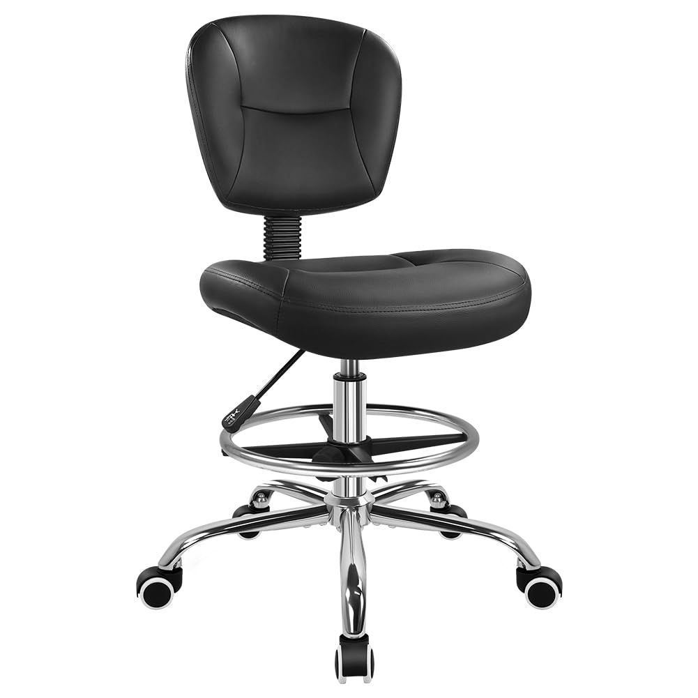 Drafting Chair with Back Footrest Adjustable Office Stool Chair 360 Swivel Rolling Stool with Wheels Desk Chair with Backrest for Drafting Office Lab Studio Counter Bedroom Kitchen Shop (Black)