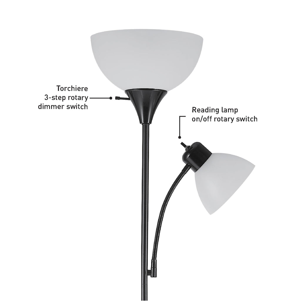 67135 72" Floor Lamp with Adjustable Reading Light, Bright, Easy-to-Assemble Torchiere for Bedroom, Living Room & Office - Space-Saving Slim Design (Pack of 2)