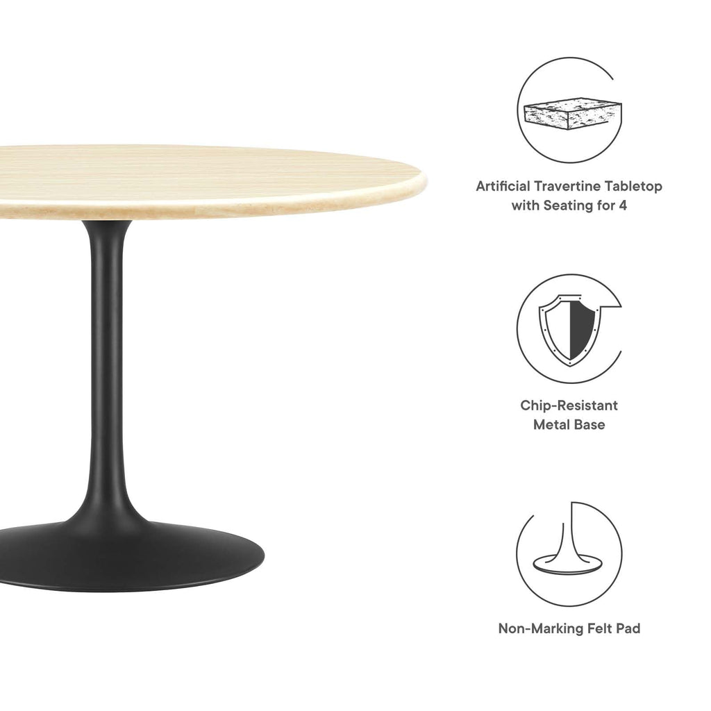 Modway Lippa 48" Round Artificial Dining Table with Tapered, Metal Base, Black Travertine