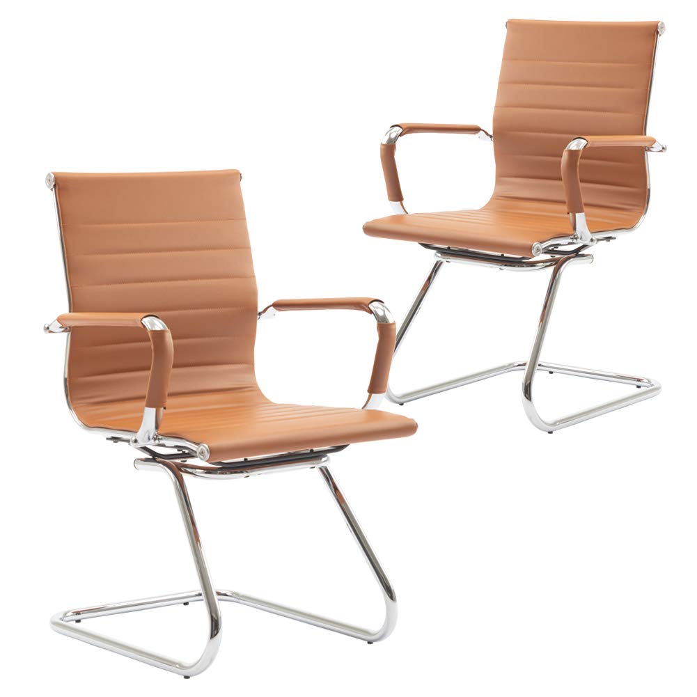 No Wheels Chairs Leather Conference Chairs Back Support Heavy Duty Office Guest Chair, Set of 2 (Terracotta)