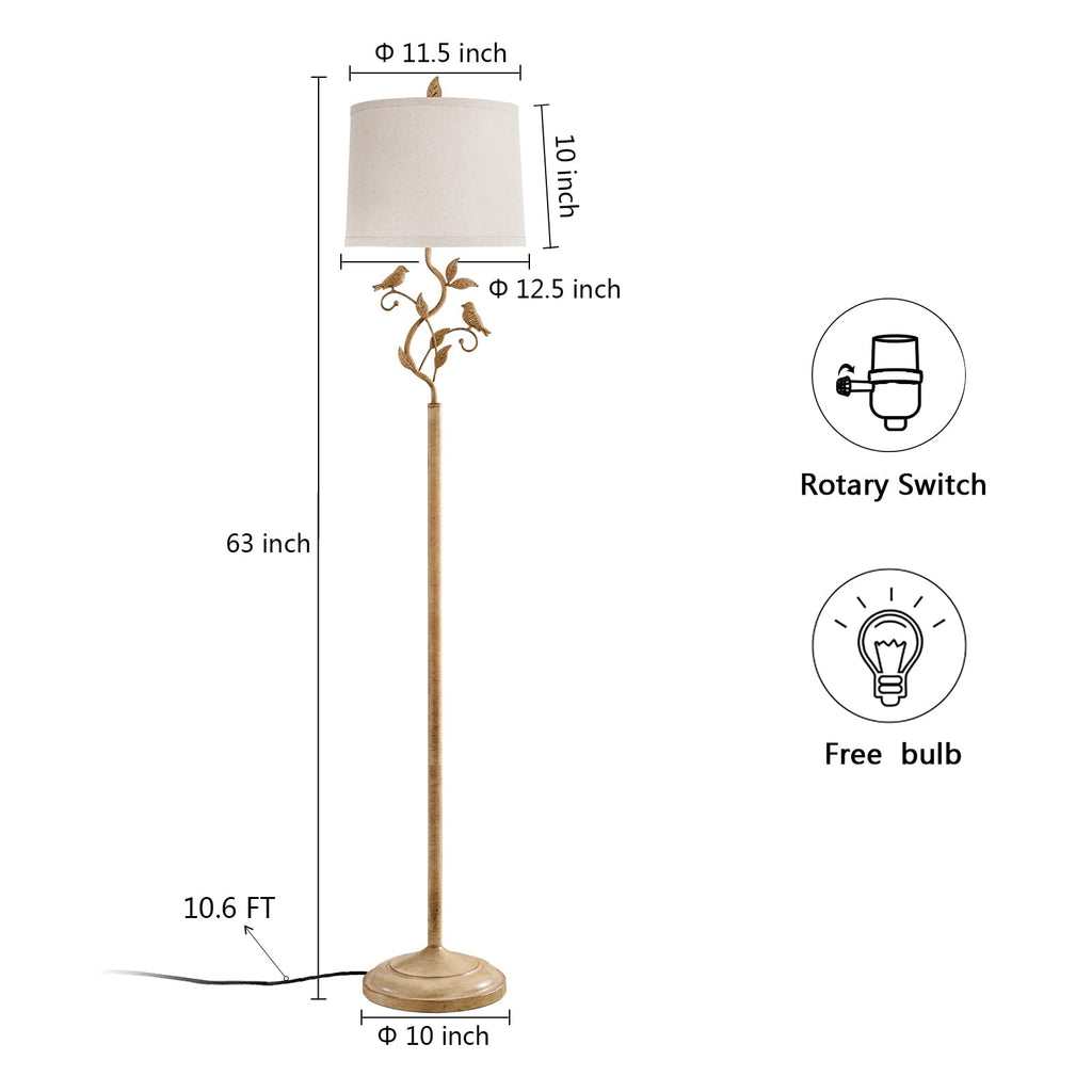 63" Farmhouse Floor Lamp for Living Room Bedroom with Iron Bird Leaf