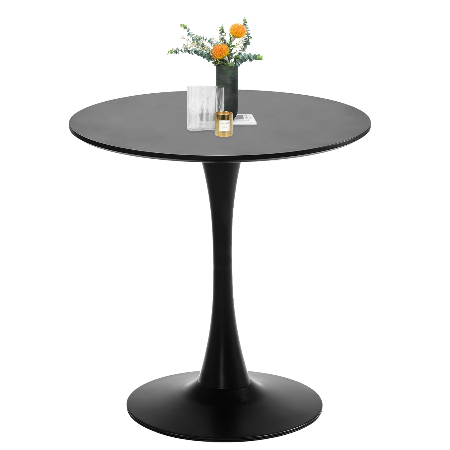 TUOMUR Black Round Dining Table, 27.6" Tulip Table Kitchen Round Dining Table for 1-2 People with MDF Table Top and Metal Pedestal Base, Mid-Century Leisure Table for Home, Dining Room, Cafe