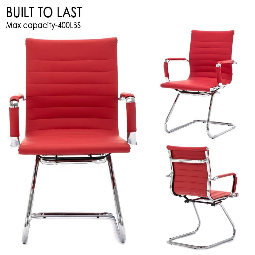 Office Desk Chair No Wheels Set of 6 PU Leather Computer Chairs Mid Back Guest Chairs for School Reception Conference Waiting Room, Deep Red