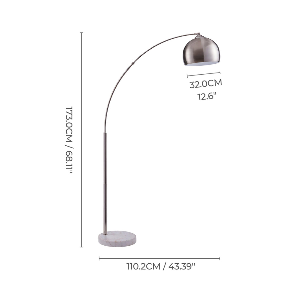 Arquer 68.1" Arc Floor Lamp for Living Rooms, Home Offices, Dining Rooms, Bedrooms with Faux White Marble Base and Nickel Bell Shade