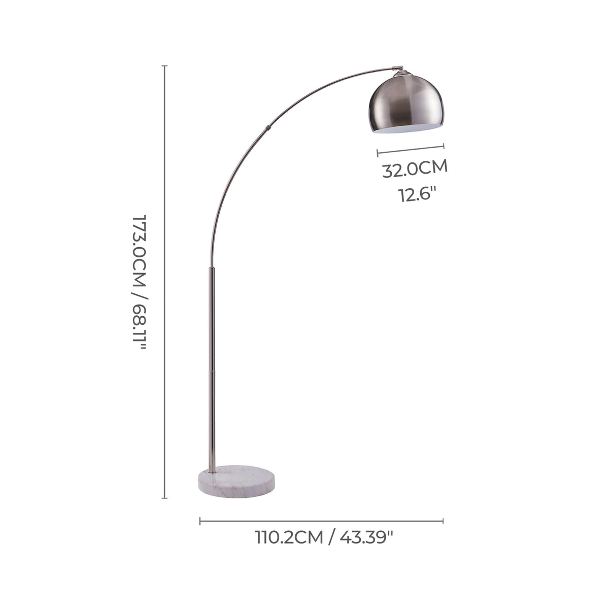 Arquer 68.1" Arc Floor Lamp for Living Rooms, Home Offices, Dining Rooms, Bedrooms with Faux White Marble Base and Nickel Bell Shade