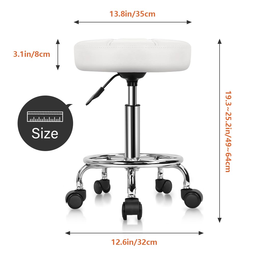 Round Rolling Stool Chair PU Leather Height Adjustable Swivel Drafting Work SPA Shop Medical Salon Stools with Wheels Office Chair Small (White)