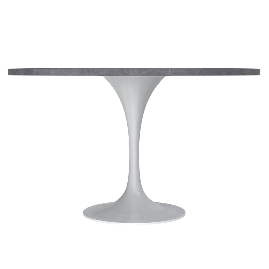 Verve Modern 48" Round Dining Table with Sintered Stone Tabletop in White Steel Pedestal Base for Kitchen and Dining Room (Grey)