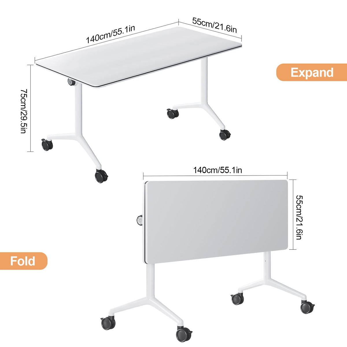 Folding Conference Table with Wheels, Flip-Top, 55.1in, 4 Pack, White