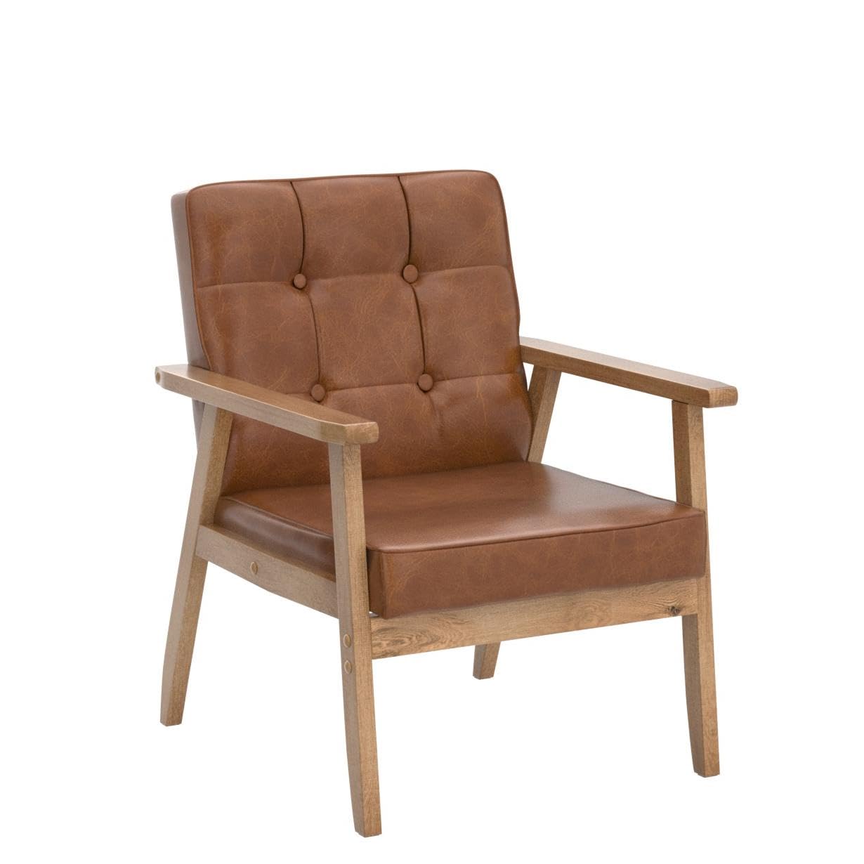 Accent Chairs Set of 2, Mid Century Modern Accent Chair, Retro Wood and Leather Armchairs Side Chair, Lounge Reading Comfy Arm Chair for Living Room, Bedroom, Office(Brown)