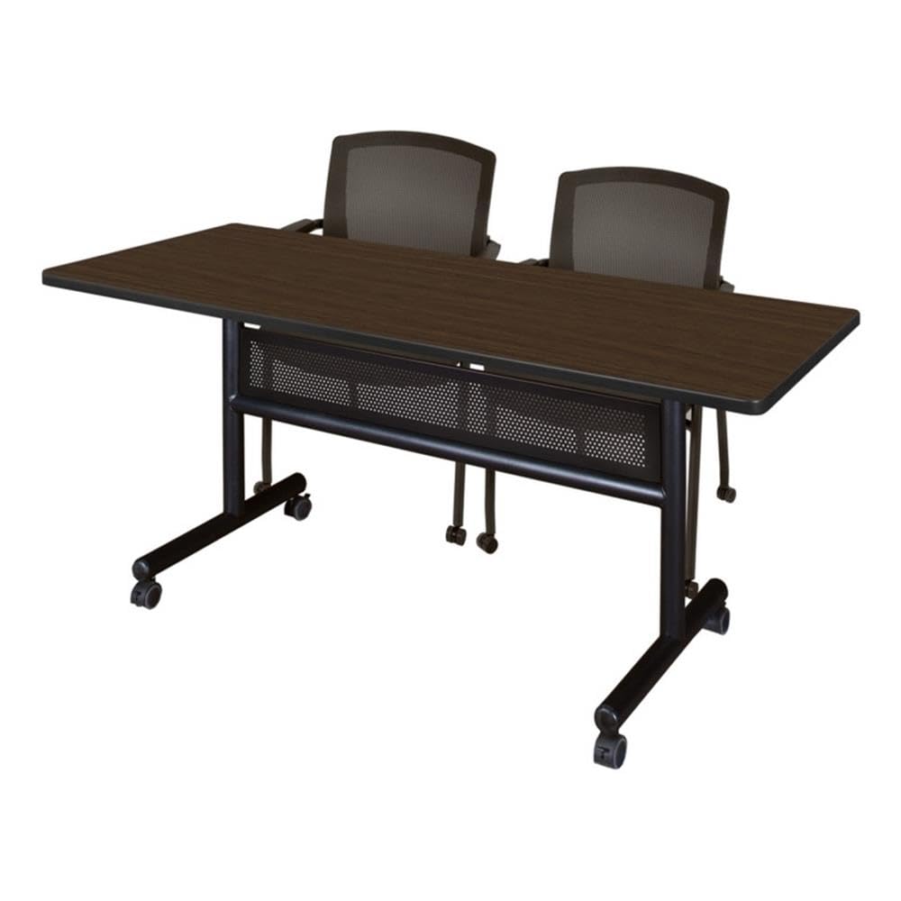 60x24 in Flip-Top Nesting Table, Neo Walnut Laminate, with 2 Mesh-Back Stacking Chairs, Thermal Fused Melamine, Scratch-Resistant, Folding Training or Conference Room Set