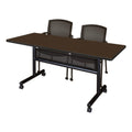 60x24 in Flip-Top Nesting Table, Neo Walnut Laminate, with 2 Mesh-Back Stacking Chairs, Thermal Fused Melamine, Scratch-Resistant, Folding Training or Conference Room Set