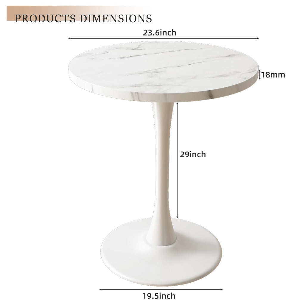 Kasinali White Marble Round Dining Table 24" Circle Tulip Table with Thickened Tabletop & Sturdy Metal Pedestal Mid Century Modern Leisure Bistro Kitchen Tables 2 People Small Places Living Room Cafe