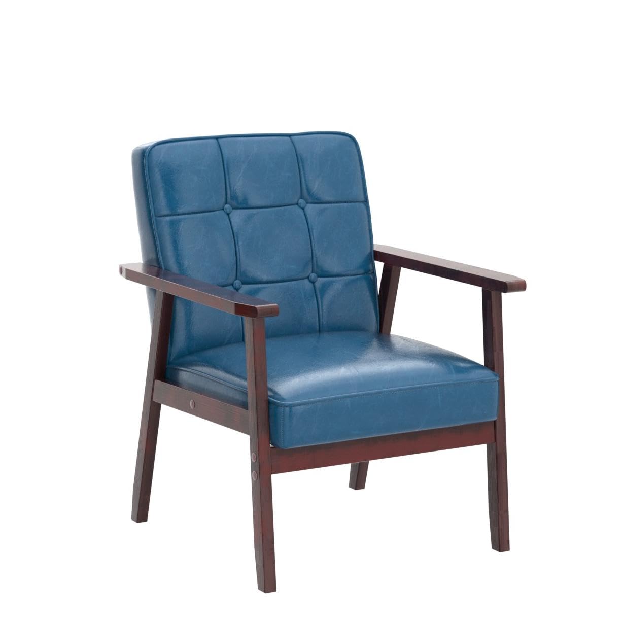 Mid Century Modern Accent Chairs, Retro Wood and Leather Armchairs Side Chair, Lounge Reading Comfy Arm Chair for Living Room, Bedroom, Office (Blue)