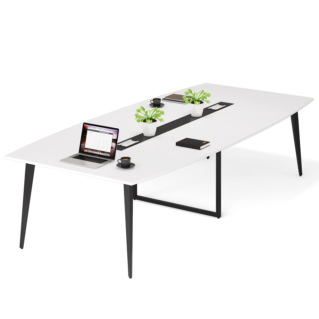 8FT Conference Table, 94.48L x 47.21W x 29.52H Inches Boat Shaped Meeting Table with Rectangle Grommet, Modern Seminar Table for Office Meeting Conference Room (White & Black, 8ft)