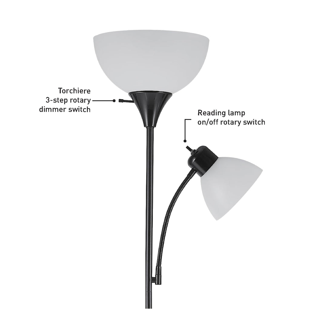 67135 72" Floor Lamp with Adjustable Reading Light, Bright, Easy-to-Assemble Torchiere for Bedroom, Living Room & Office - Space-Saving Slim Design