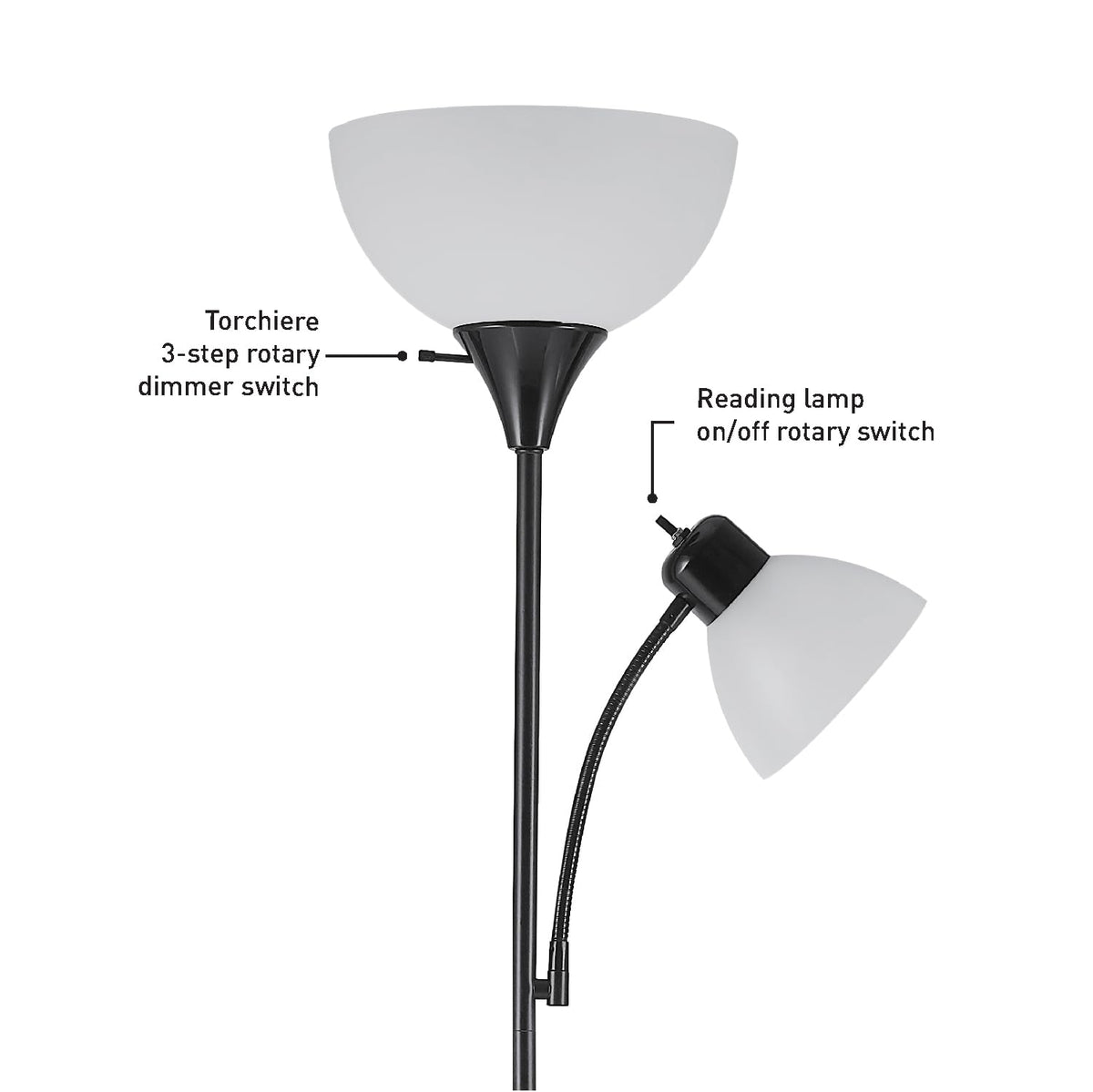 67135 72" Floor Lamp with Adjustable Reading Light, Bright, Easy-to-Assemble Torchiere for Bedroom, Living Room & Office - Space-Saving Slim Design