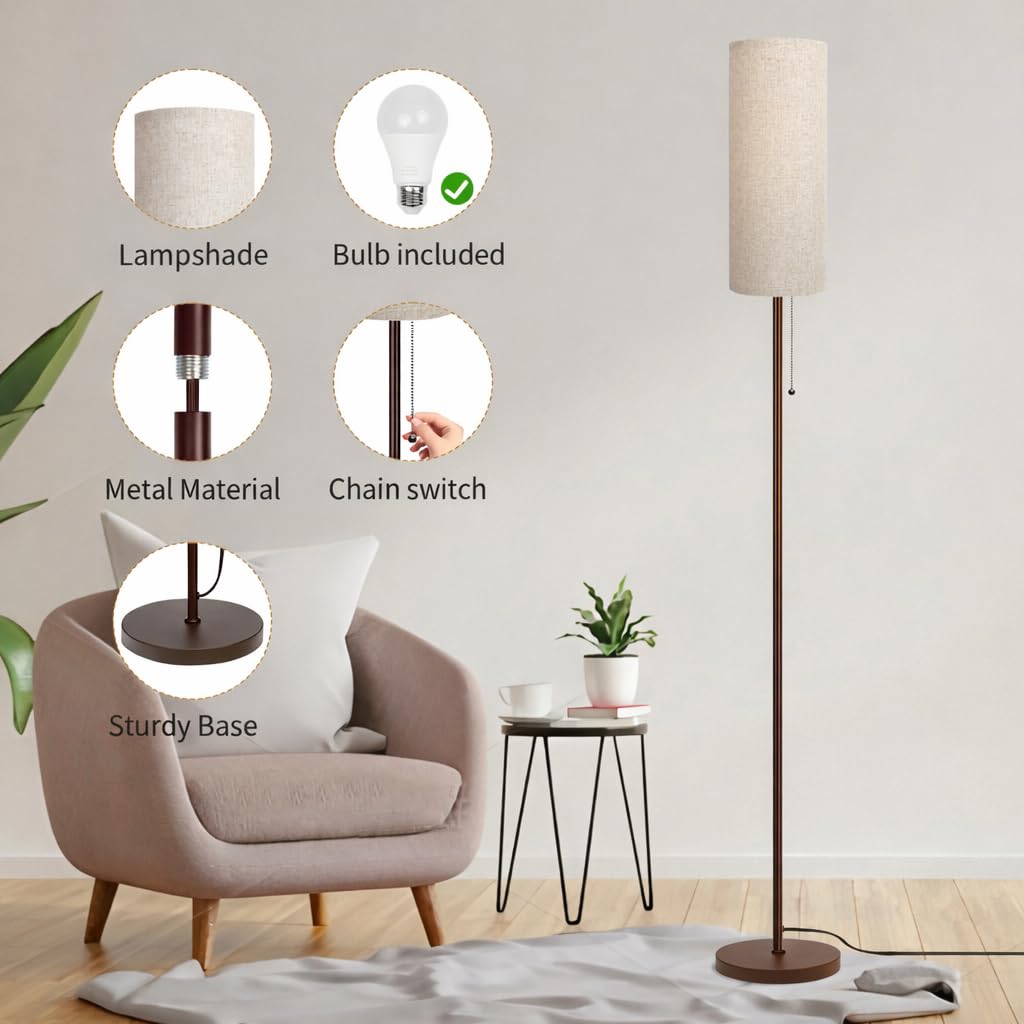 Floor Lamp for Living Room, Modern Standing Lamps with Lampshade, Minimalist Tall Lamp with Chain Switch for Living Room, LED Bulb Included (Beige+Brown)