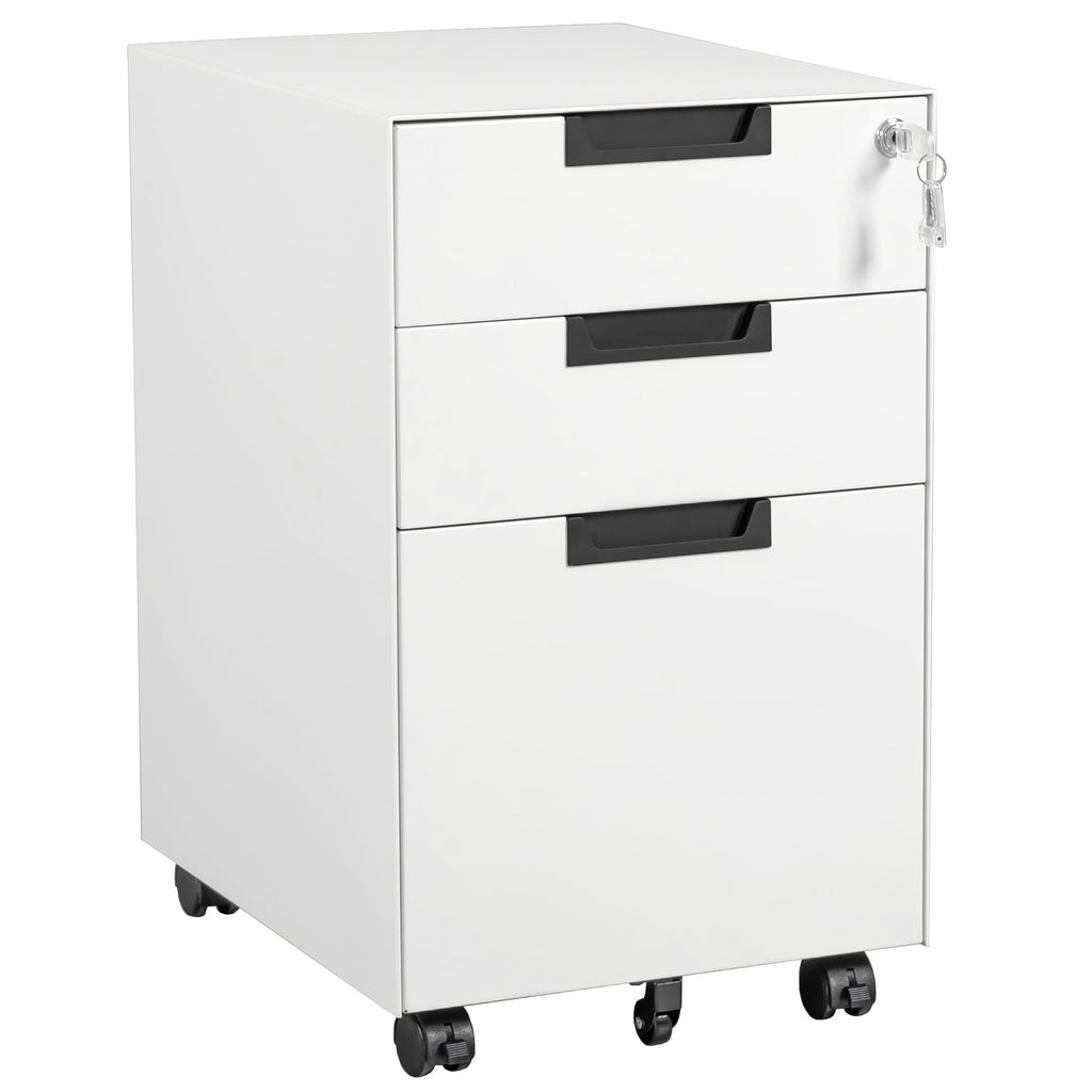 3 Drawer Mobile File Cabinet with Lock,Under Desk Metal Small Filing Cabinets for Home Office Organizer Letters/Legal/A4(Fully Assembled Except Wheels-White)