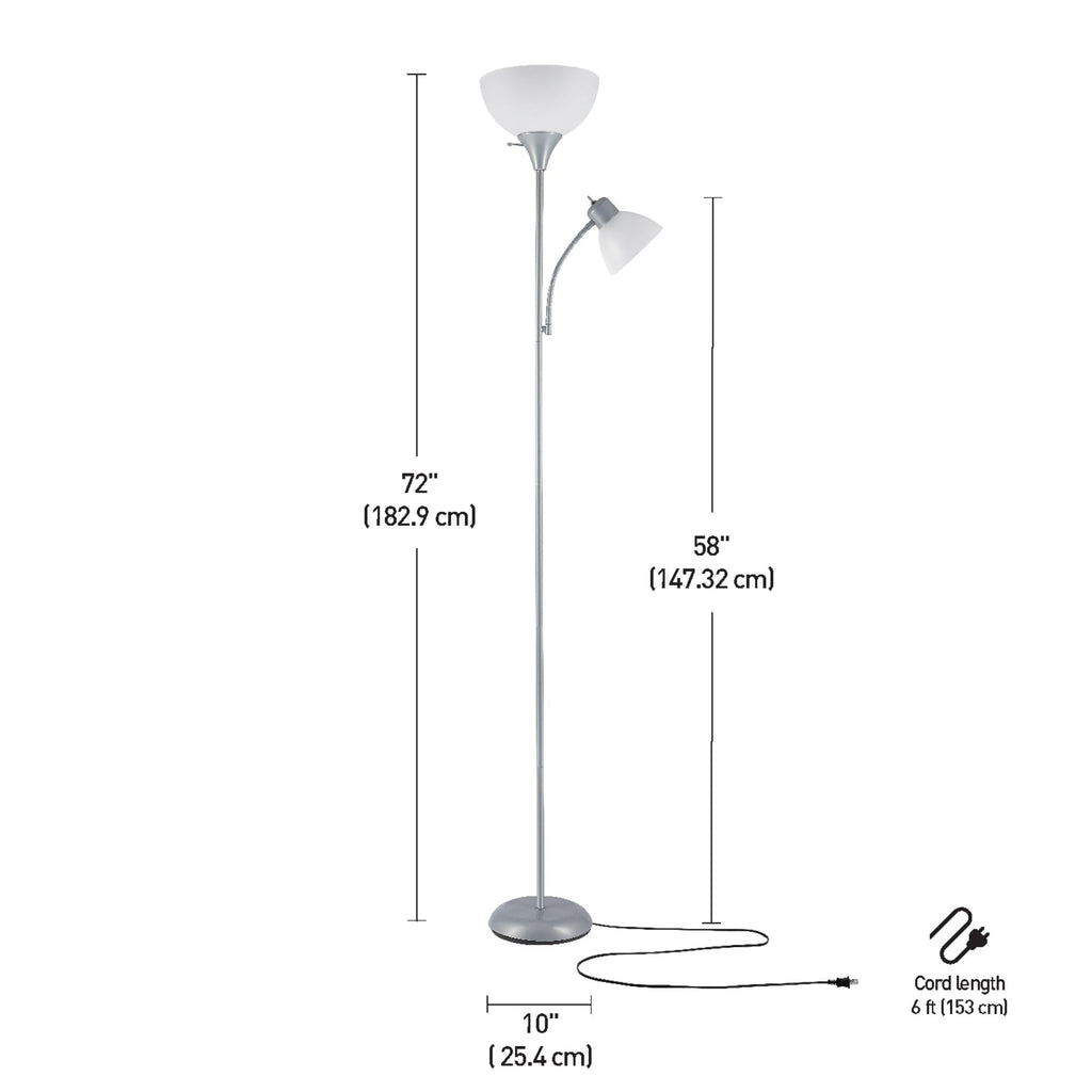 67134 72" Torchiere Floor Lamp and Adjustable Reading Light, Silver, Frosted Shade, Dual Rotary Switch, 3-Step Dimming, Modern Lighting for Living Room or Office, Timeless