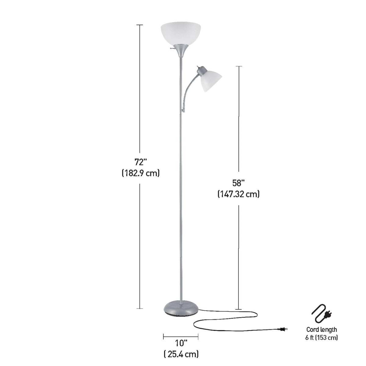 67134 72" Torchiere Floor Lamp and Adjustable Reading Light, Silver, Frosted Shade, Dual Rotary Switch, 3-Step Dimming, Modern Lighting for Living Room or Office, Timeless