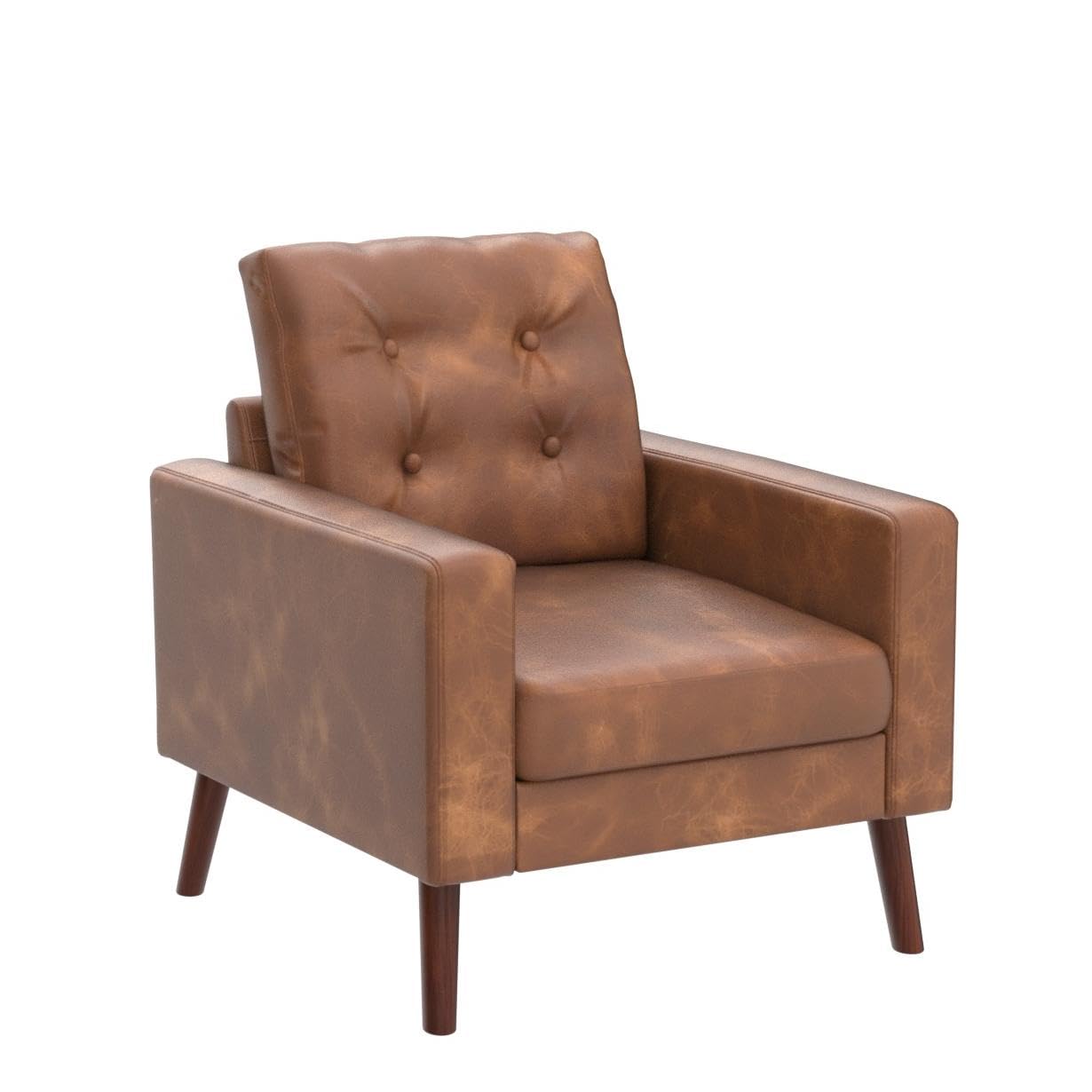 Set of 2 Mid Century Modern Armchair, Button Tufted Faux Leather Accent Chair with Arm, Upholstered Club Chair for Office, Living Room, Bedroom, Rubber Wood Legs, Caramel