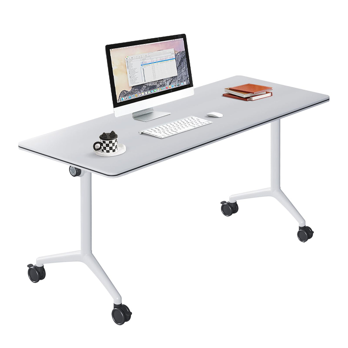 Folding Conference Table with Wheels, Flip-Top, 55.1in, 2 Pack, White
