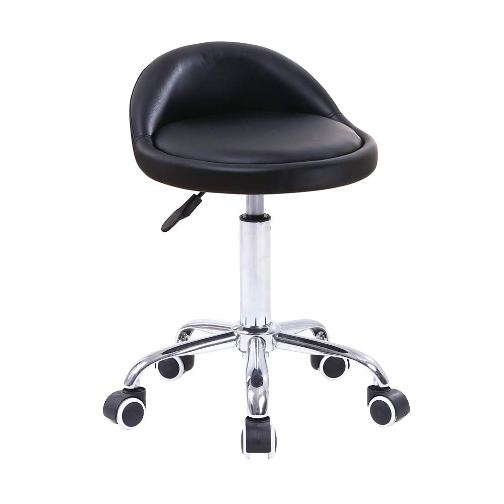 PU Leather Round Rolling Stool with Back Rest Height Adjustable Swivel Drafting Work SPA Task Chair with Wheels Black