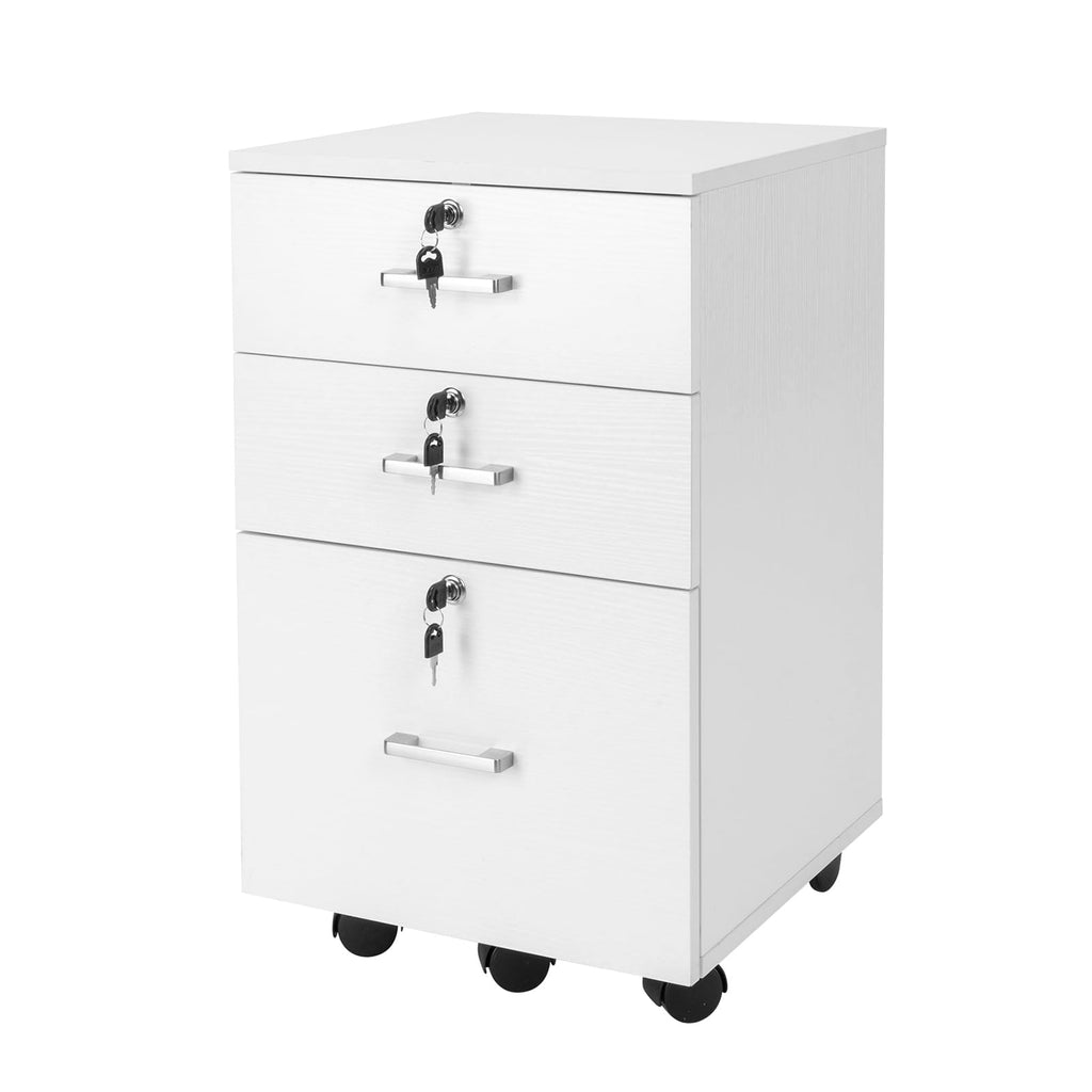 3-Drawer File Cabinet with Lock, Wood Rolling Filing Cabinets for Home Office, Mobile Printer Stand, Under Desk File Organizer for Letter Sized Files, 26" H(Caster Included), White