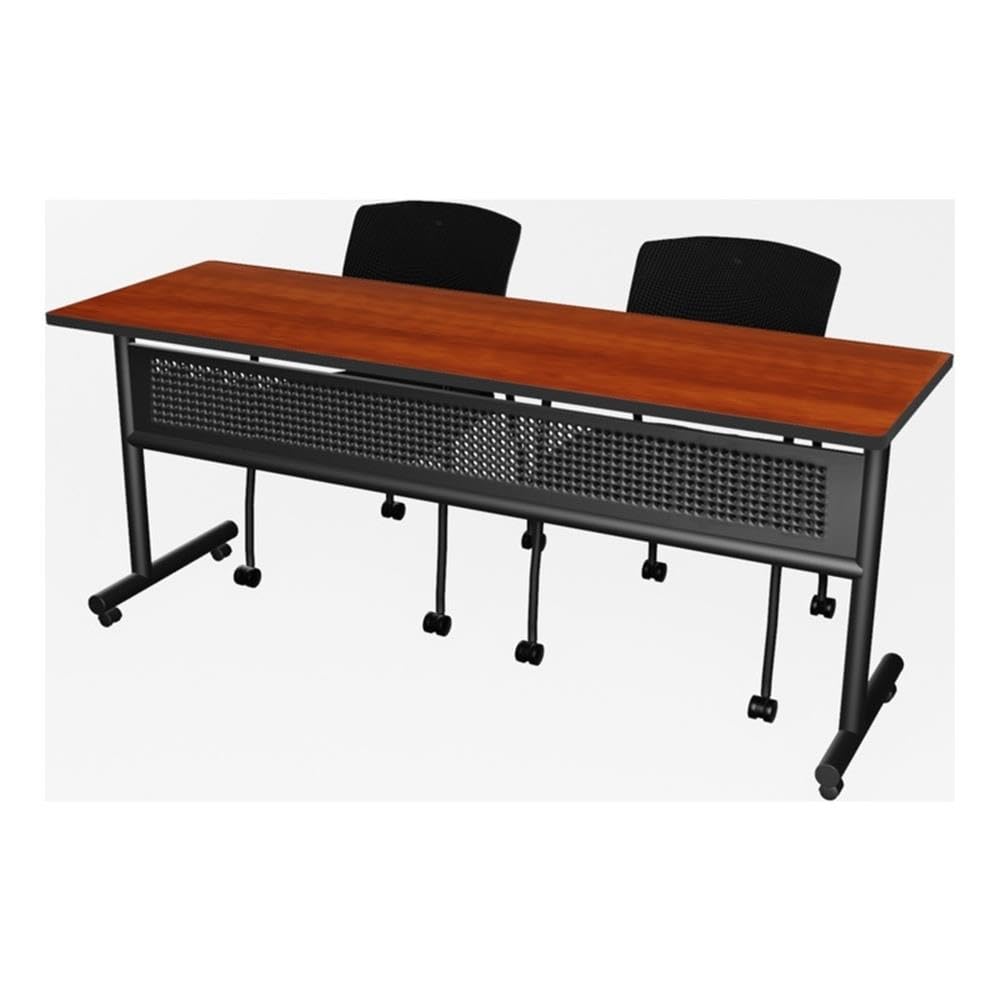 72 x 24 Inch Flip-Top Nesting Table, Cherry Finish, 1-Inch Thick Thermal Fused Melamine Top, Includes 2 Mesh Stackable Guest Chairs, Space-Saving Conference or Training Room Set