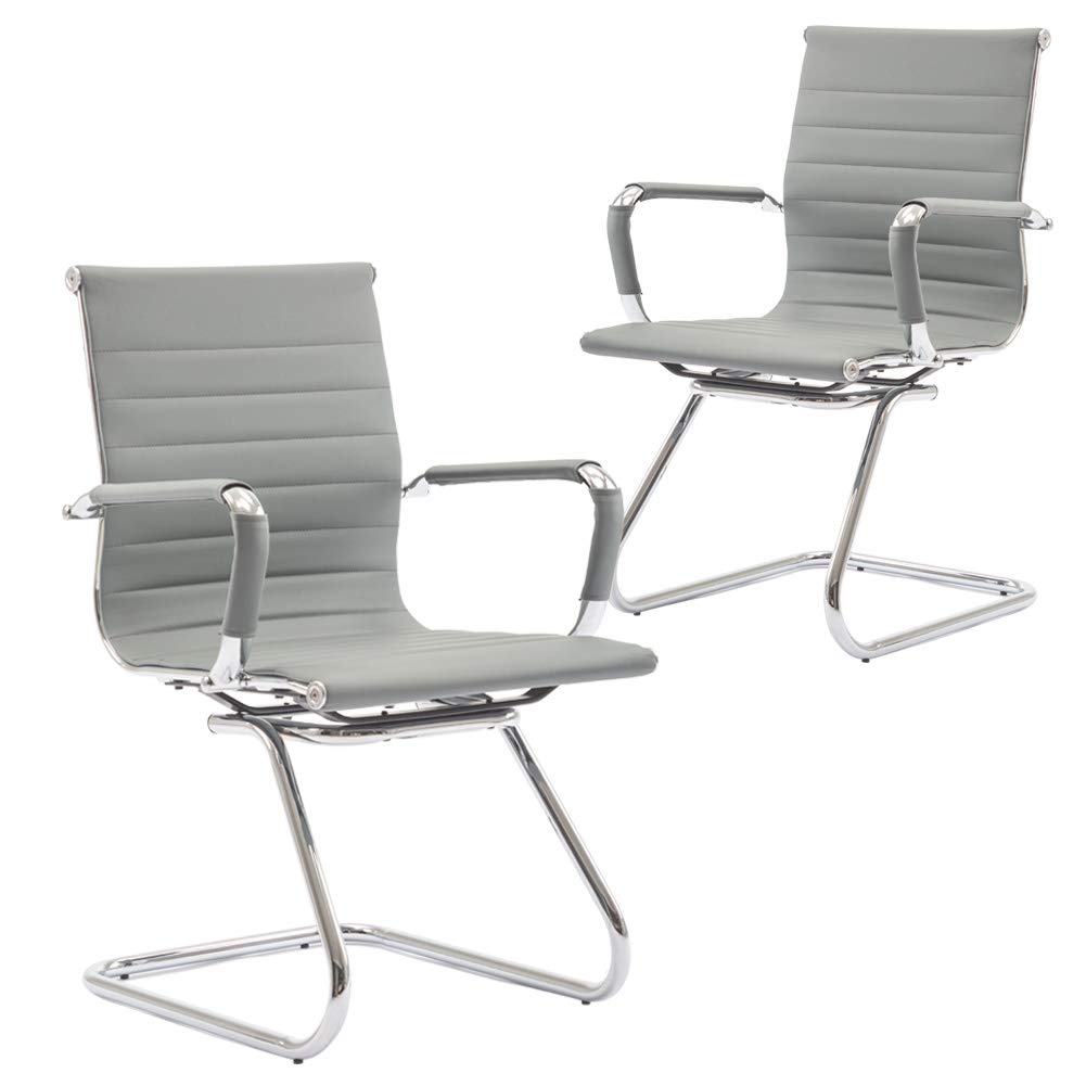 Conference Room Chairs Set of 2, Waiting Room Chairs with Arms, Faux Leather Reception Chairs No Wheels, Office Guest Chairs with Mid Back Support and Chrome Sled Base, Grey