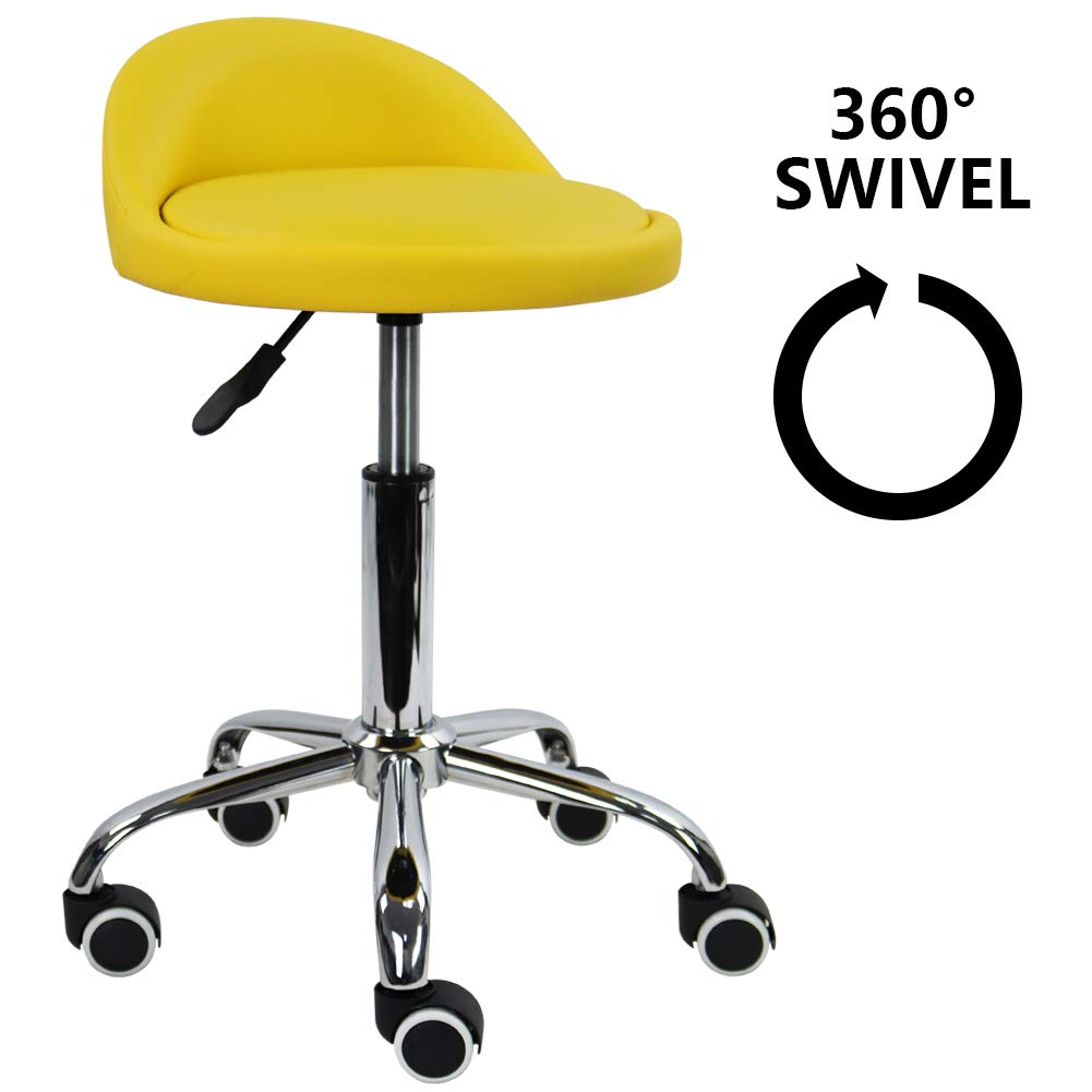 PU Leather Round Rolling Stool with Back Rest Height Adjustable Swivel Drafting Work SPA Task Chair with Wheels (Yellow)