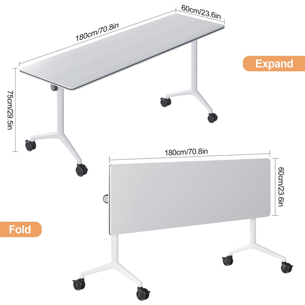 Folding Conference Table with Wheels, Flip-Top, 70.8in, 4 Pack, White