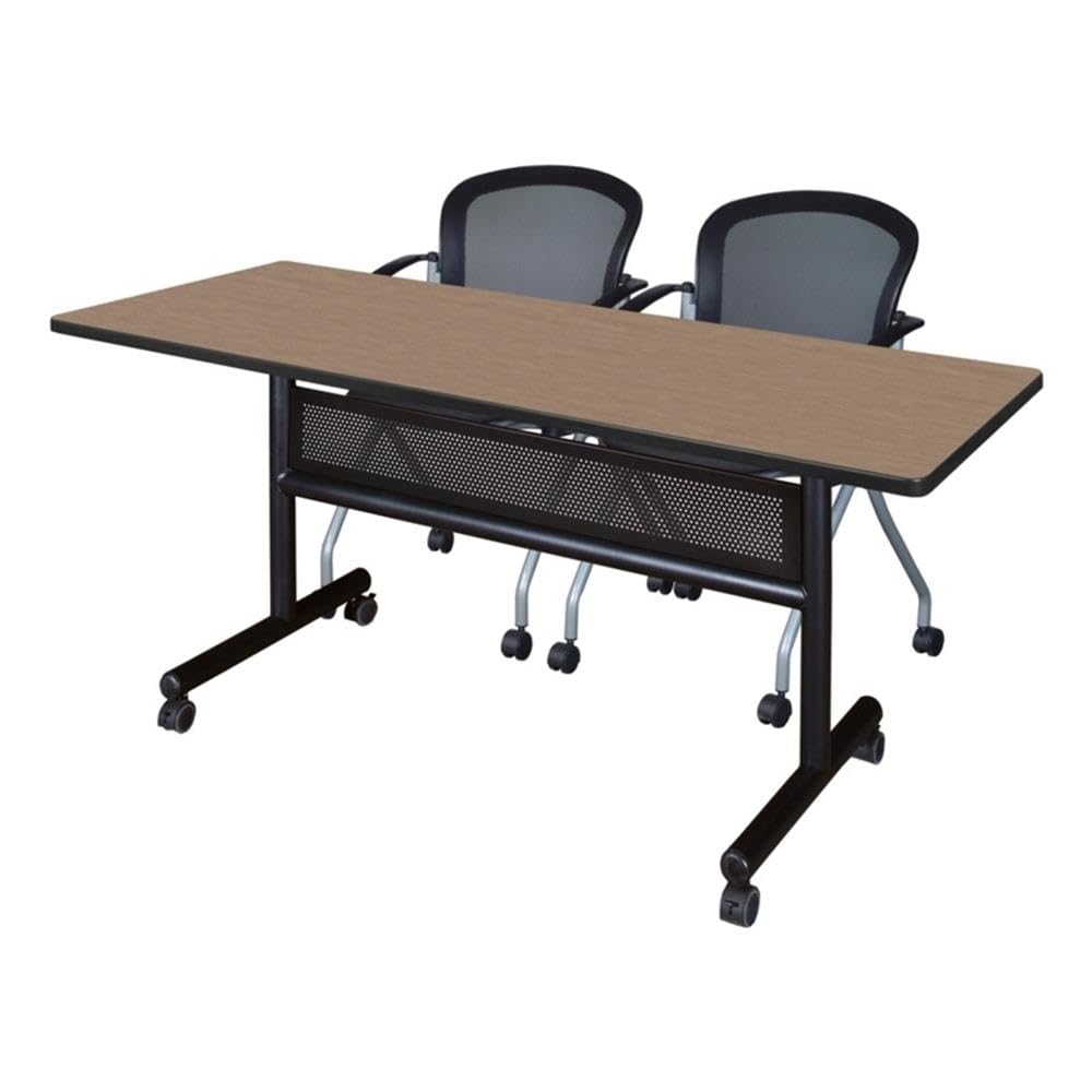 Flip-Top Training Table with 2 Nesting Mesh Chairs, 60 x 24 in, Noble Oak Laminate, Thermal Fused Melamine Top, Black T-Edge Banding, Space-Saving Design for Meetings or Classrooms