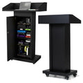 Heavy-Duty Black Metal Podium Stand with Lockable Wheels | Mobile Lectern with Storage Cabinet & Standard 44.56" Height | for Conference Rooms, Churches, Classrooms & Events (Style 3)