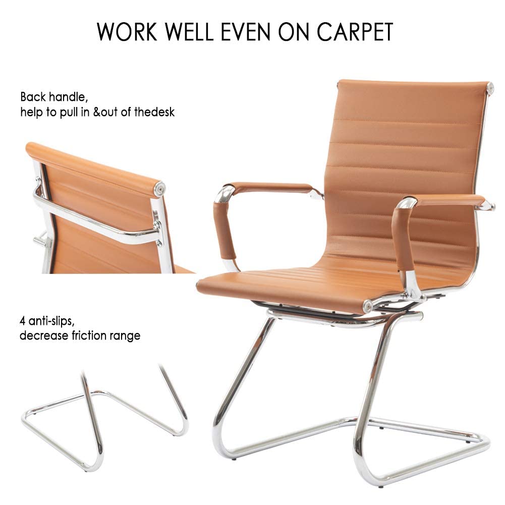 Office Desk Chair Set of 4,No Wheels PU Leather Computer Chairs Mid Back Guest Chairs with Seld Base for School/Reception/Conference/Waiting Room, Terracotta