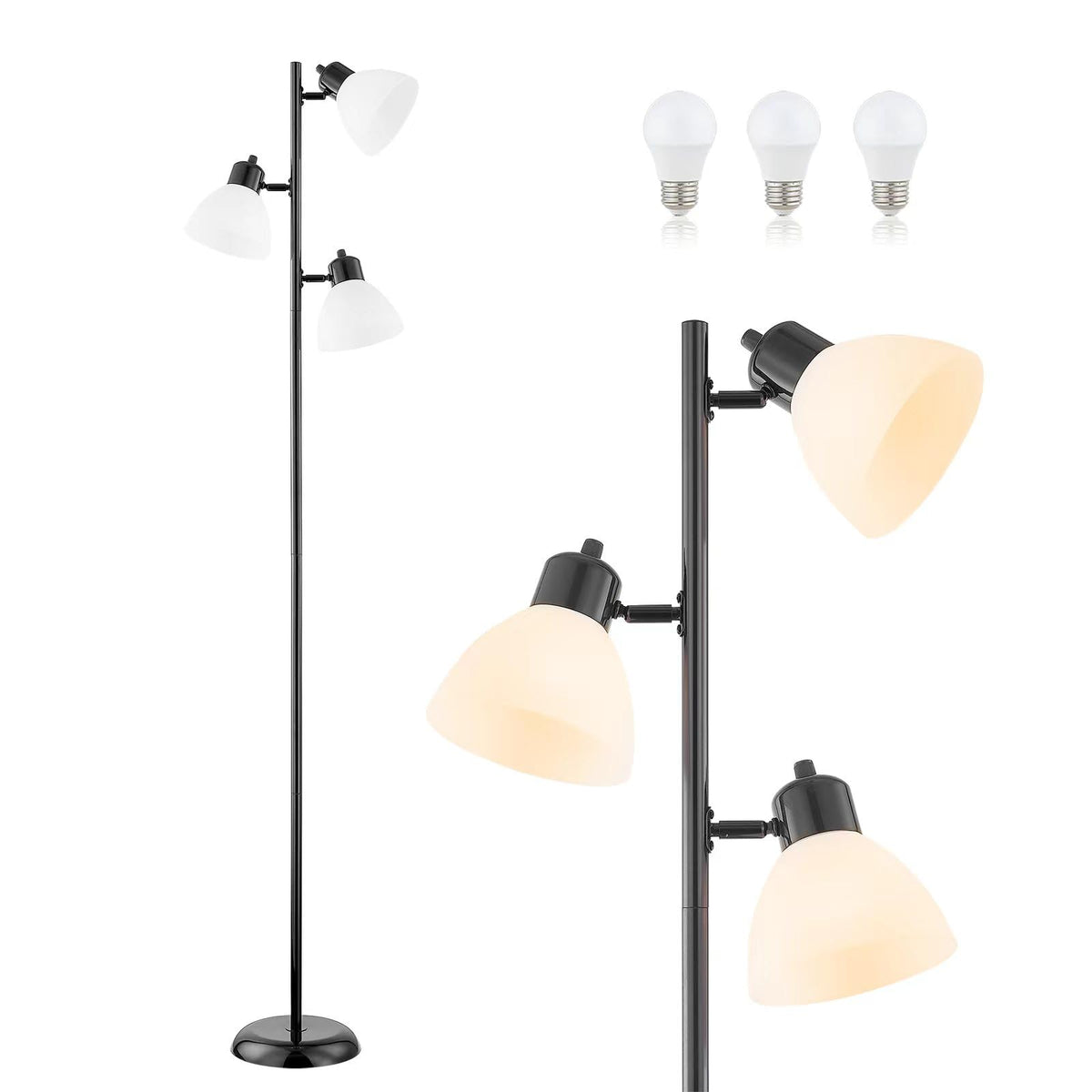 Modern Tree Floor Lamp for Living Room Bedroom, Tall Pole Standing Lamps with 3 Adjustable Rotating Heads for Office, Decor Corner, Reading Indoor, 3 Bright Lights LED Bulbs Included (Black)
