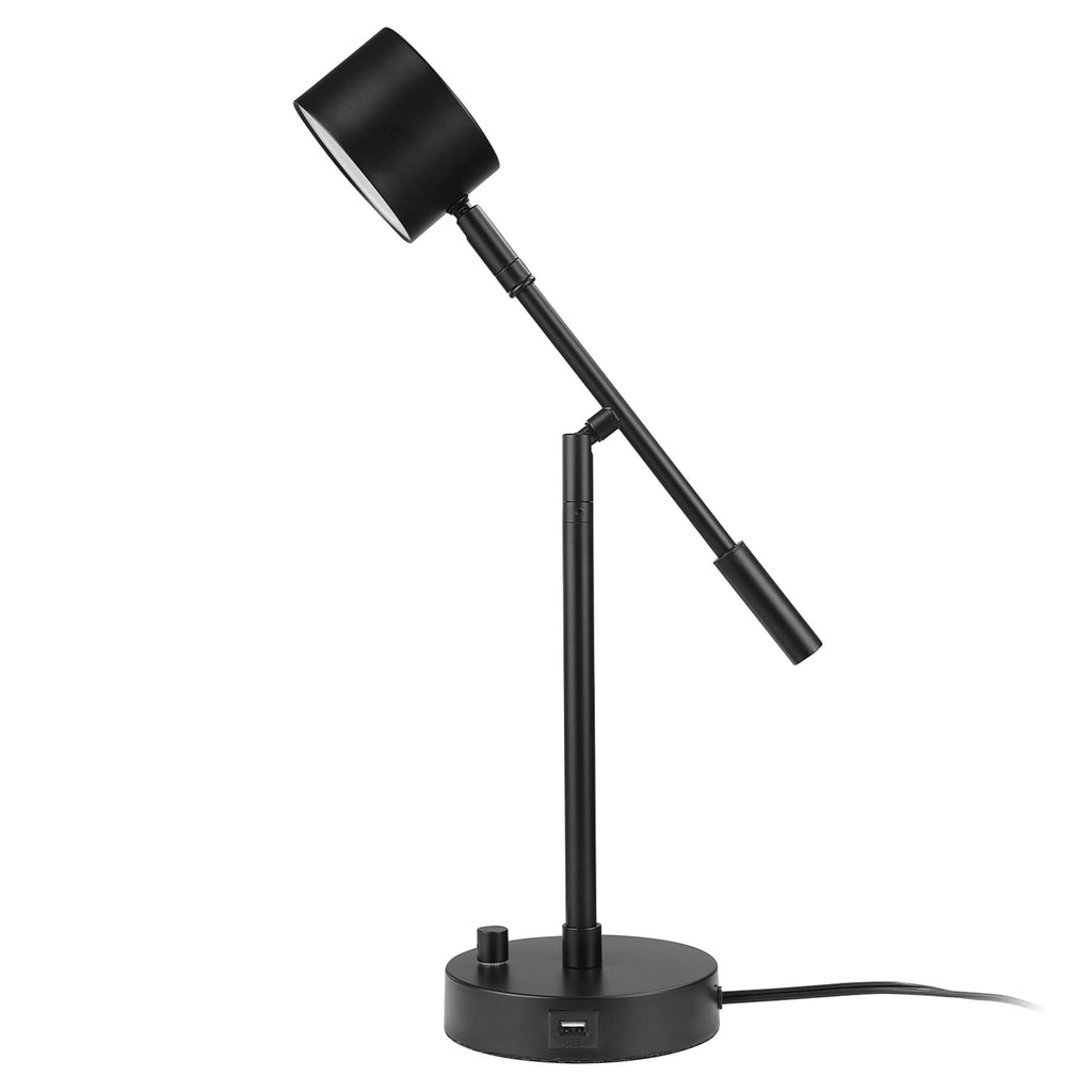 Aristocrat 16" Integrated LED Swing Arm Desk Lamp, Matte Black, Dimmable On/Off Rotary Switch at Base, 2.1A USB Port