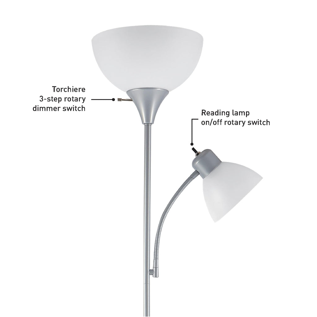 67134 72" Torchiere Floor Lamp and Adjustable Reading Light, Silver, Frosted Shade, Dual Rotary Switch, 3-Step Dimming, Modern Lighting for Living Room or Office, Timeless