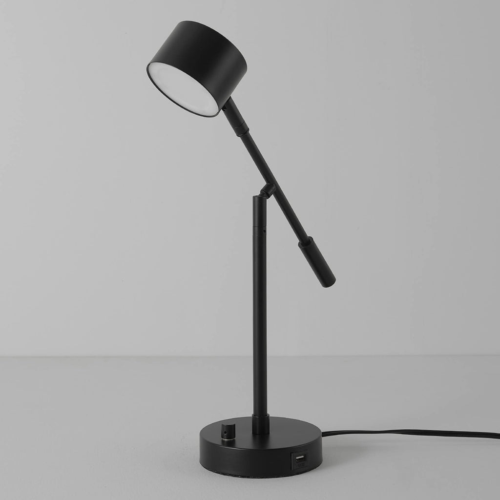 Aristocrat 16" Integrated LED Swing Arm Desk Lamp, Matte Black, Dimmable On/Off Rotary Switch at Base, 2.1A USB Port