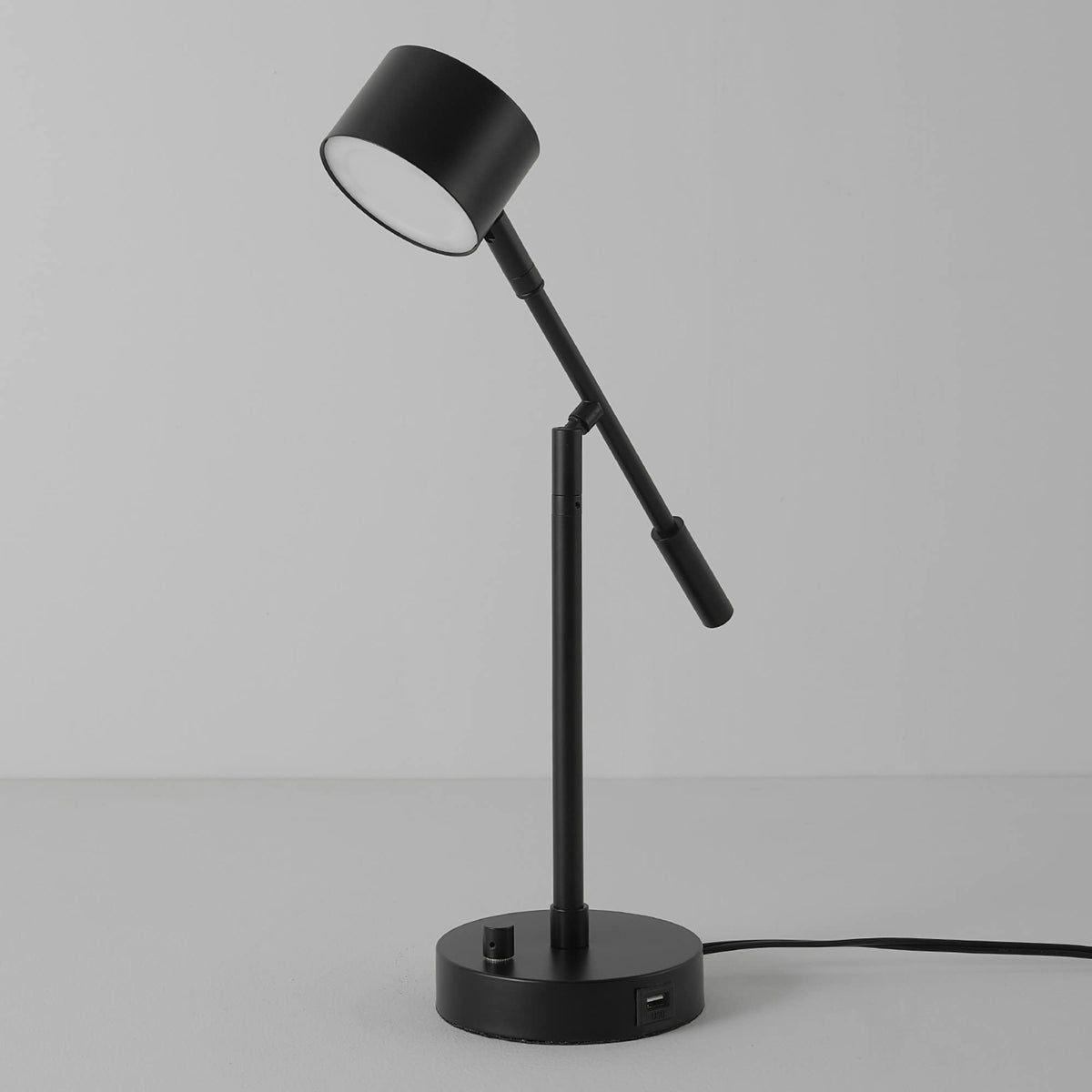 Aristocrat 16" Integrated LED Swing Arm Desk Lamp, Matte Black, Dimmable On/Off Rotary Switch at Base, 2.1A USB Port