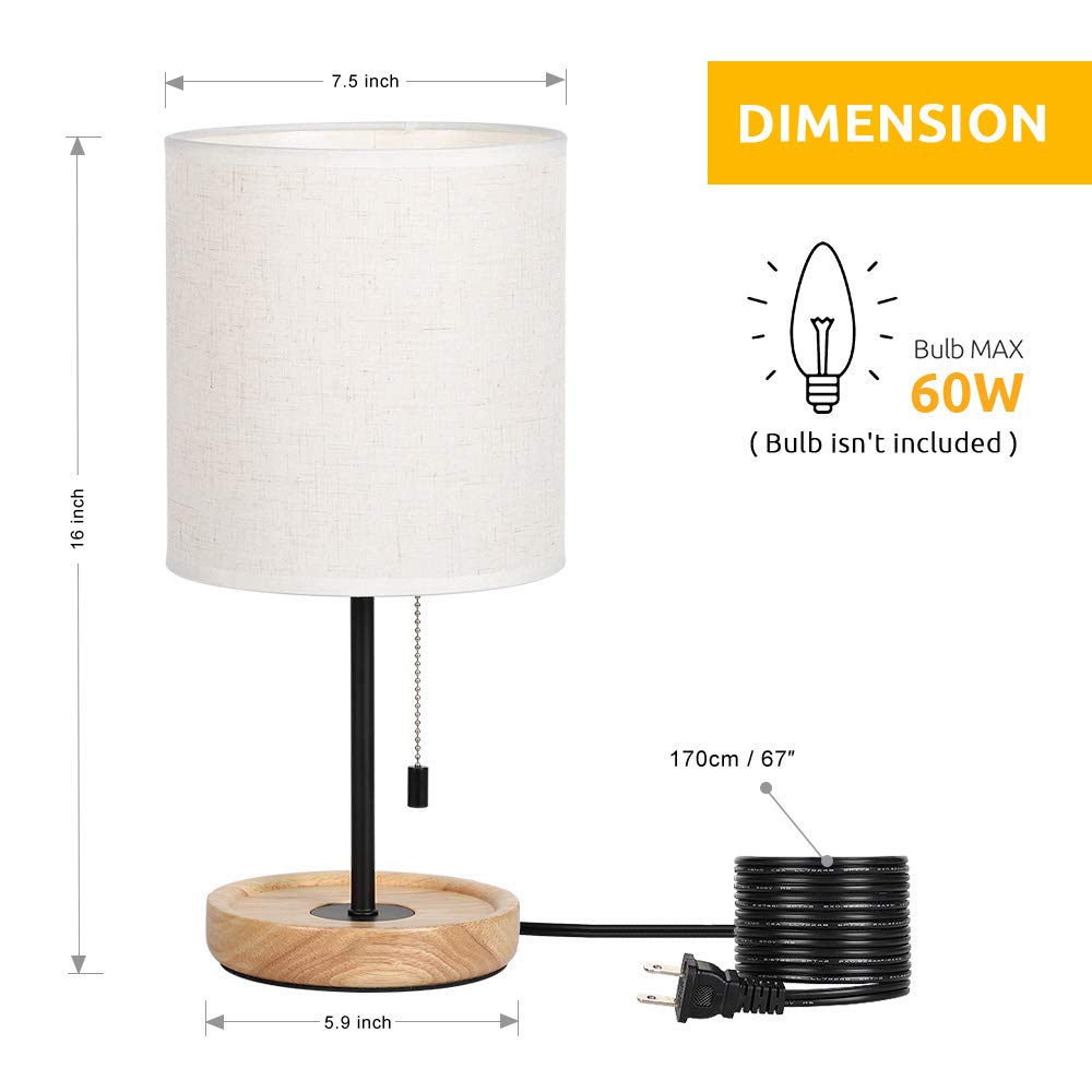 Bedside Table Lamp - Modern Nightstand Lamp with Linen Fabric Shade Wooden Desk Lamps for Bedrooms, Office, College Dorm, Dinning Room, Girls Room - 16 Inches (HT-AD005)