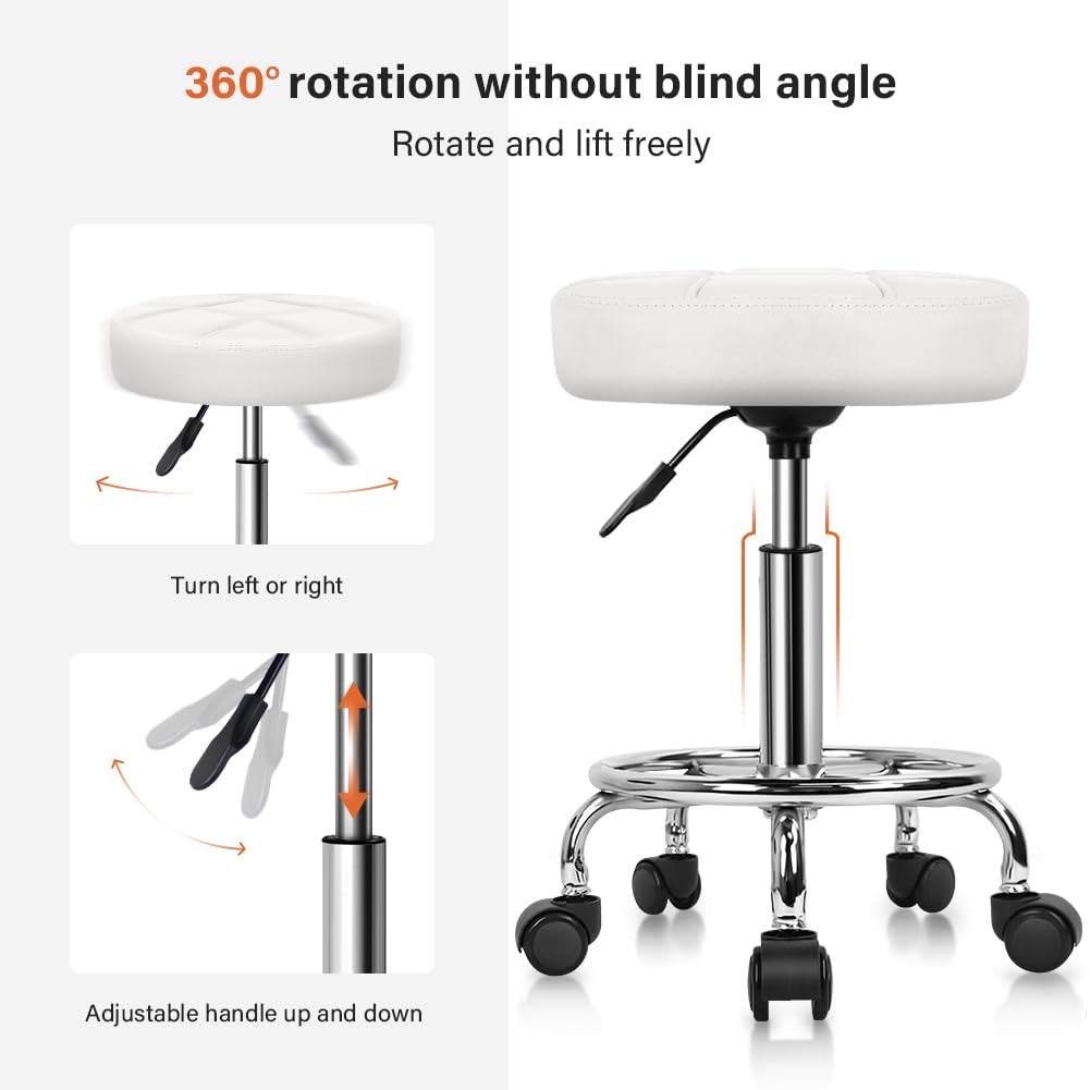 Round Rolling Stool Chair PU Leather Height Adjustable Swivel Drafting Work SPA Shop Medical Salon Stools with Wheels Office Chair Small (White)