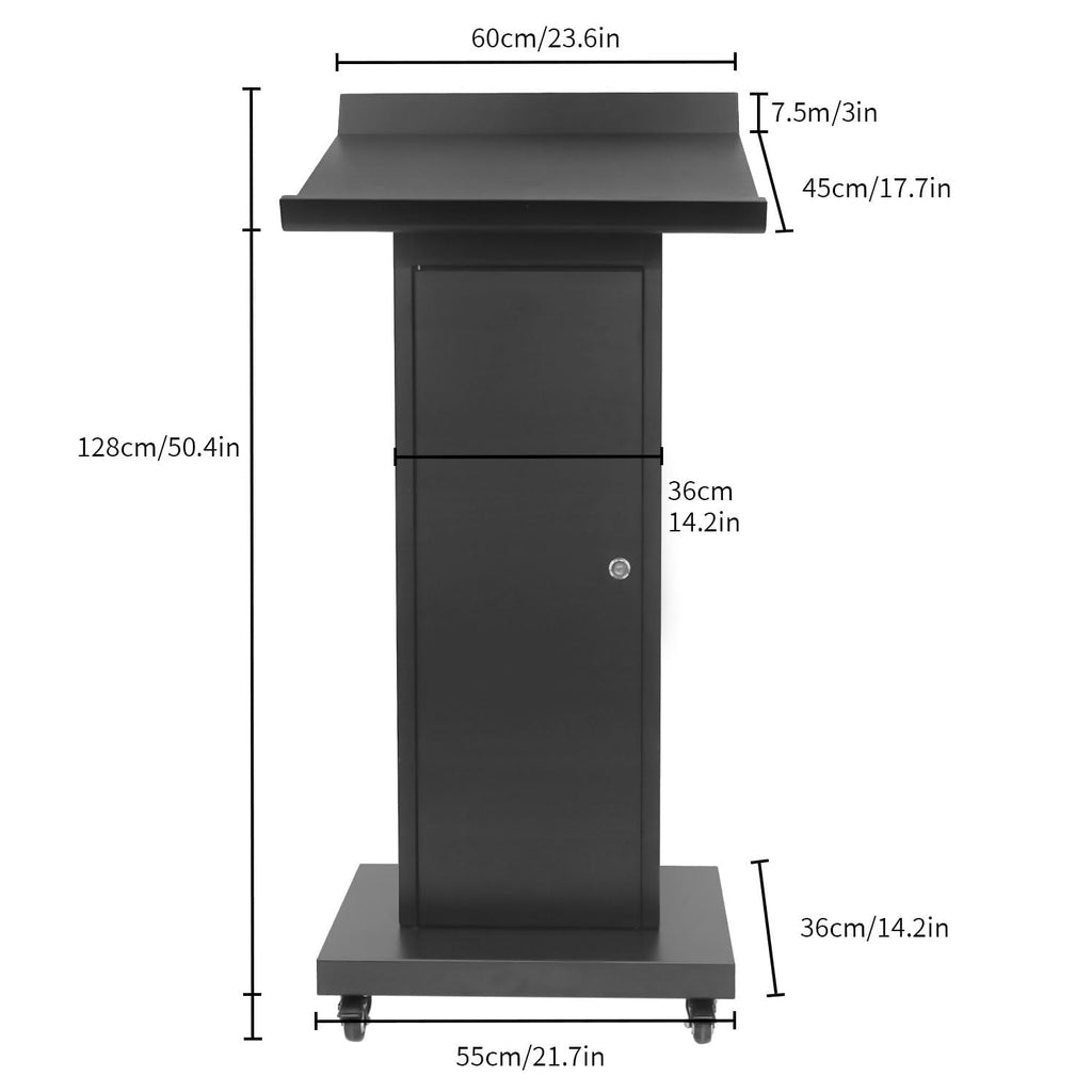 Metal Podium Stand with Wheels, 50.4"Heavy-Duty Mobile Metal Lectern with Storage Cabinets, Portable Pulpit for Church, School, Office and Conference