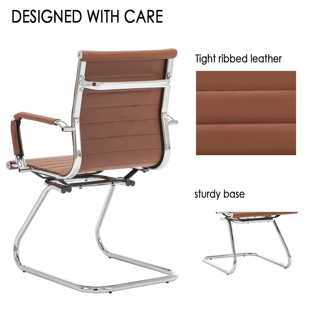 Conference Room Chairs Set of 6, Waiting Room Chairs with Arms, Faux Leather Reception Chairs No Wheels, Office Guest Chairs with Mid Back Support and Chrome Sled Base, Cafe