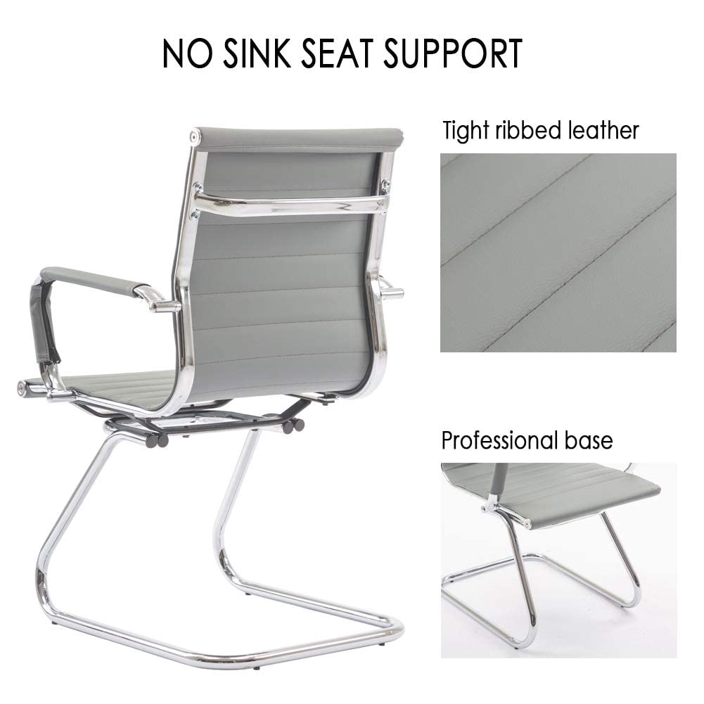 Conference Room Chairs Set of 4, Waiting Room Chairs with Arms, Faux Leather Reception Chairs No Wheels, Office Guest Chairs with Mid Back Support and Chrome Sled Base, Grey