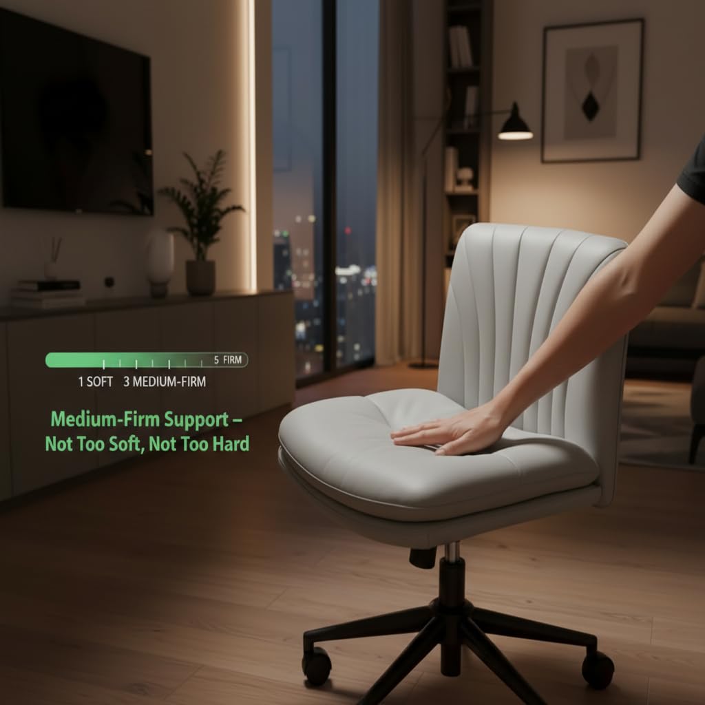 Criss Cross Office Chair with Wheels, Armless Wide Desk Chair for Active Sitting, PU Leather Cross Legged Chair for Home Office, Pet-Friendly & Easy Clean, Grey