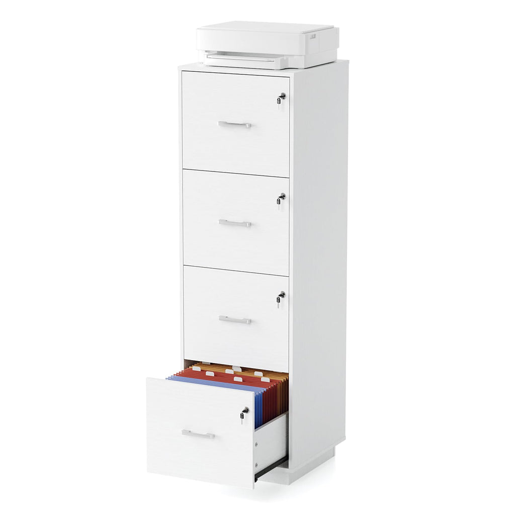 4 Drawer File Cabinet with Lock, Home Office Filing Organizer, for Letter Size File Folder Storage, Wood Tall Vertical Filing Cabinet, Printer Stand, Archivador (White)