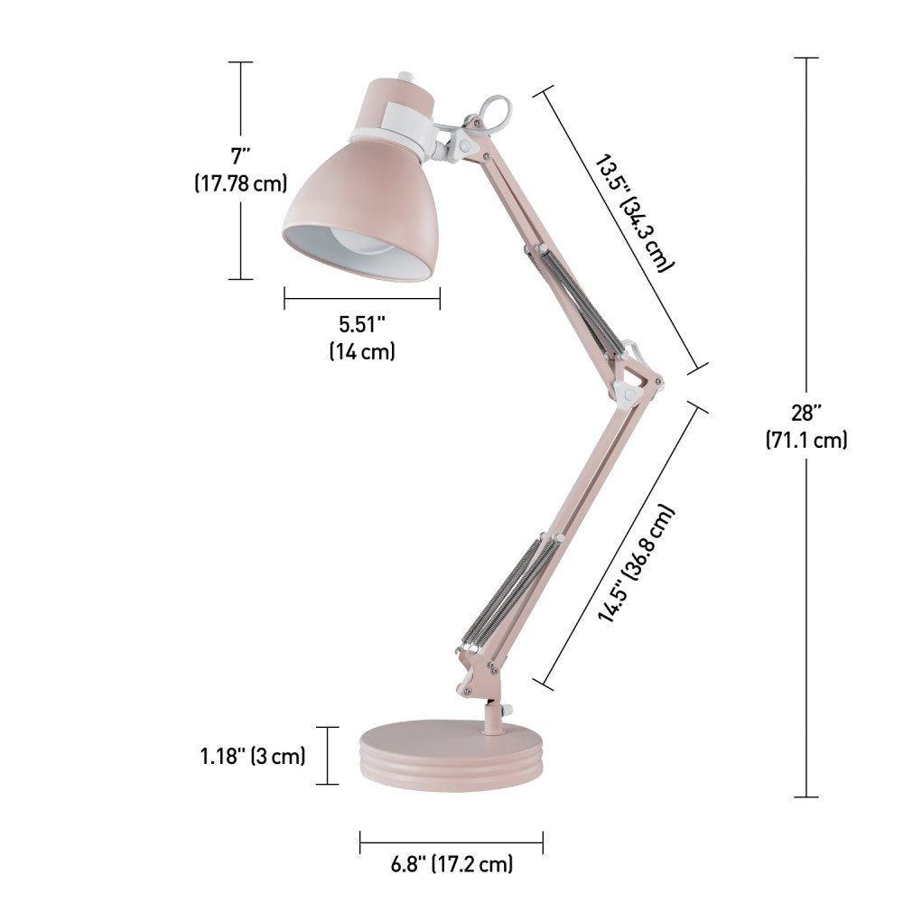 28" Swing Arm Architect Desk Lamp, Matte Rose Finish, White Accents, Rotary Switch on Shade, Partially Adjustable Arm, Modern Lighting for Bedroom or Office, E26 Base