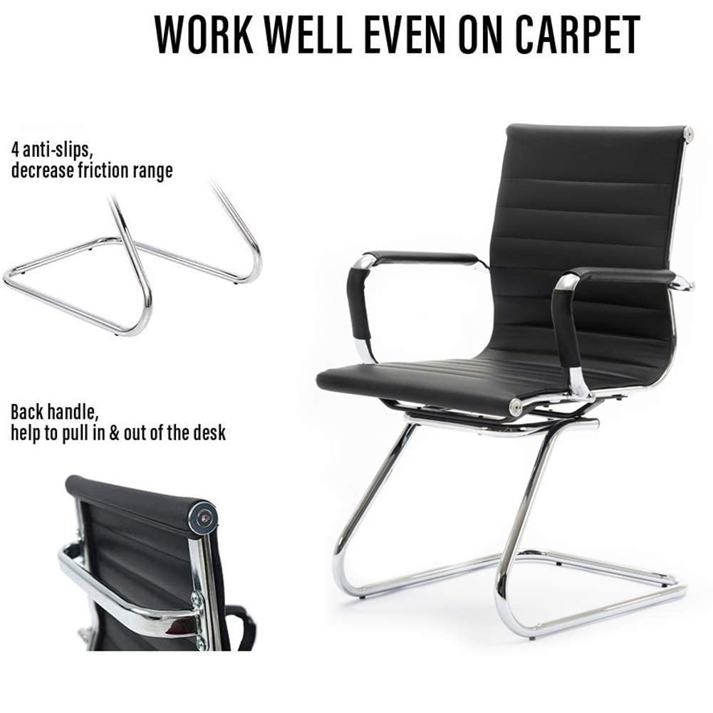 Conference Room Chairs Set of 6, Waiting Room Chairs with Arms, Faux Leather Reception Chairs No Wheels, Office Guest Chairs with Mid Back Support and Chrome Sled Base, Black